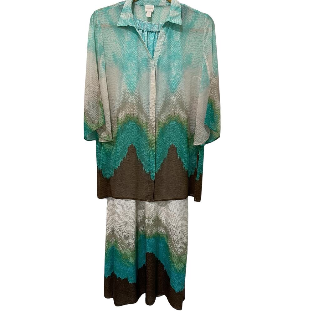 Chico’s Dress Sz 2 Tunic Sz 3 Set Faux leather halter Maxi Ombré Aqua Grey Brown